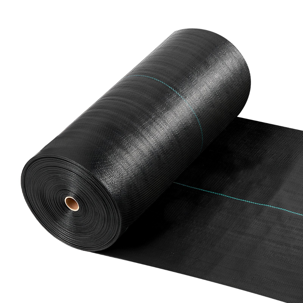 A roll of black landscape fabric, typically used for weed control and soil erosion prevention in gardening and landscaping projects.