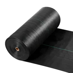A roll of black landscape fabric, typically used for weed control and soil erosion prevention in gardening and landscaping projects.