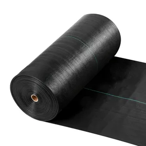 A roll of black landscape fabric, typically used for weed control and soil erosion prevention in gardening and landscaping projects.