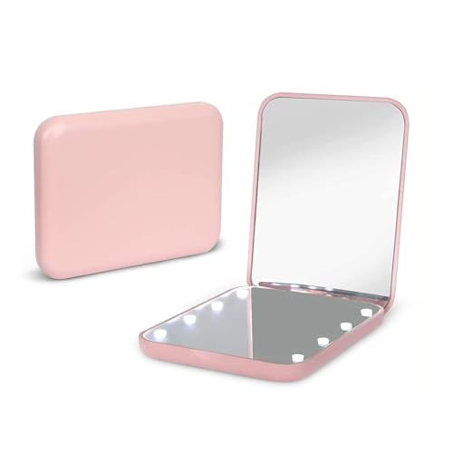 A compact pink mirror with built-in LED lights, shown open and closed.