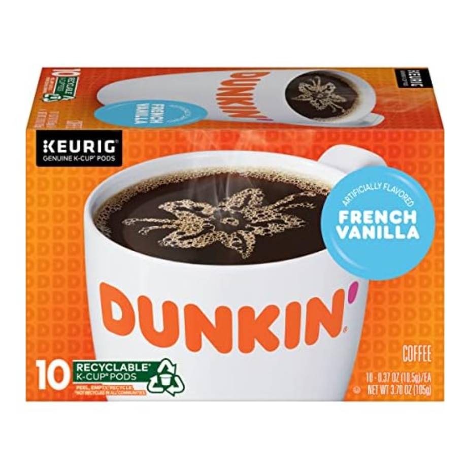 Dunkin' French Vanilla artificially flavored coffee, 10 recyclable Keurig K-Cup pods.