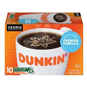 Dunkin' French Vanilla artificially flavored coffee, 10 recyclable Keurig K-Cup pods.