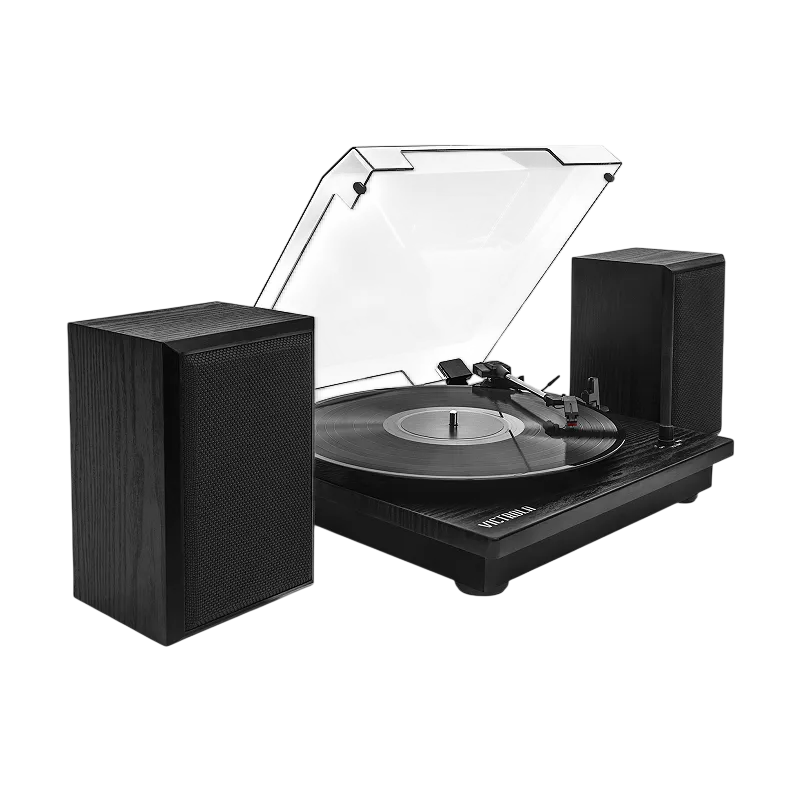 A black vinyl record player with a transparent dust cover is accompanied by two matching black speakers.