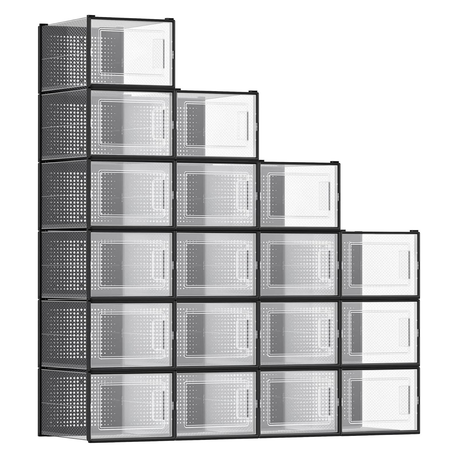 Stacked, transparent storage boxes with drop-front doors, arranged in a stair-step pattern.