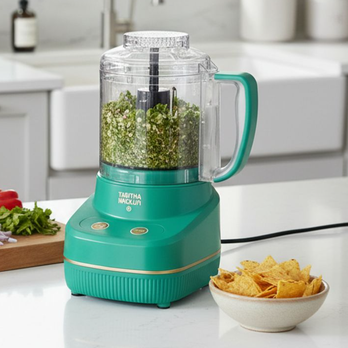 A green food processor is on a kitchen counter, filled with chopped green ingredients. A cutting board with sliced yellow and red peppers, onions, and herbs is nearby, along with a bowl of tortilla chips.