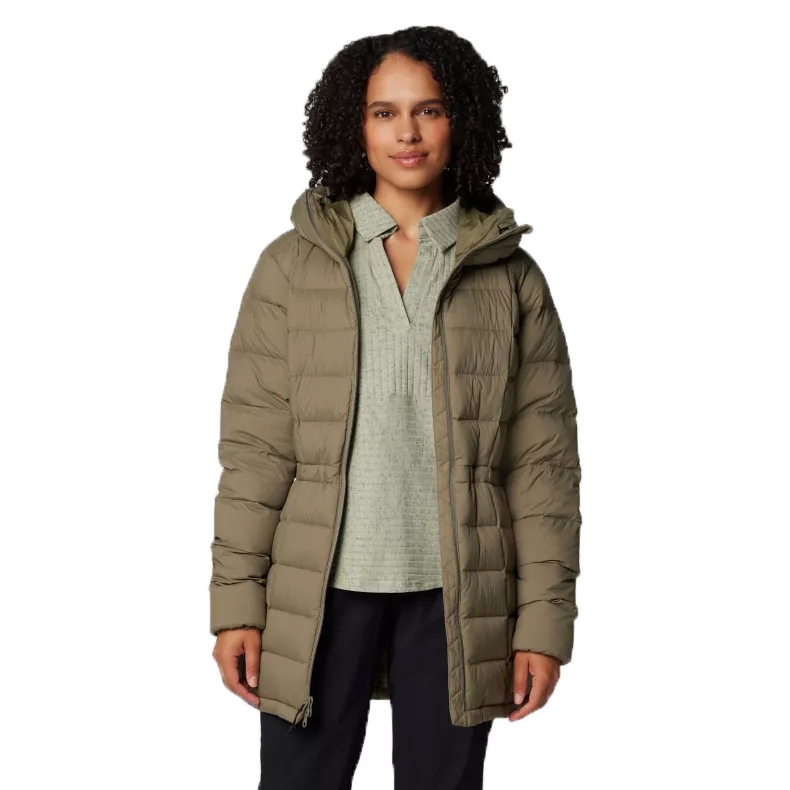 Columbia Ardenwood Down Jacket features a quilted design with a hood, full-length front zipper, and two pockets. The coat is mid-length and has a neutral, earthy tone.