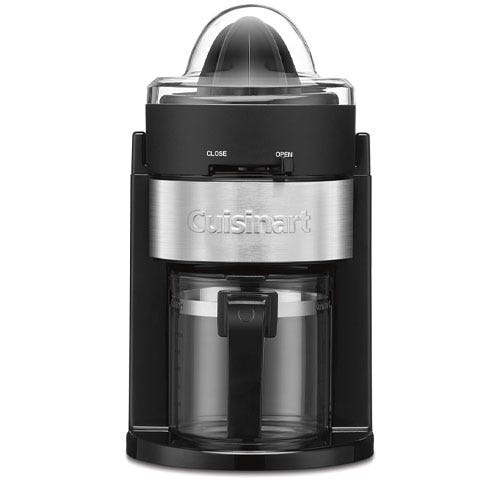 Cuisinart juicer with a sleek black and stainless steel design, featuring a transparent container and reamer for citrus extraction.