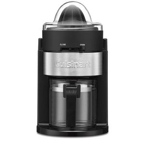 Cuisinart juicer with a sleek black and stainless steel design, featuring a transparent container and reamer for citrus extraction.