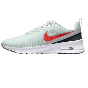 Nike Men's Air Max Nuaxis Shoes feature a light gray mesh upper with a bold red Swoosh, black accents, and a visible Max Air unit in the heel for cushioning.