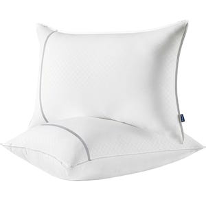Two plush white pillows with a subtle gray trim and a diamond pattern design.