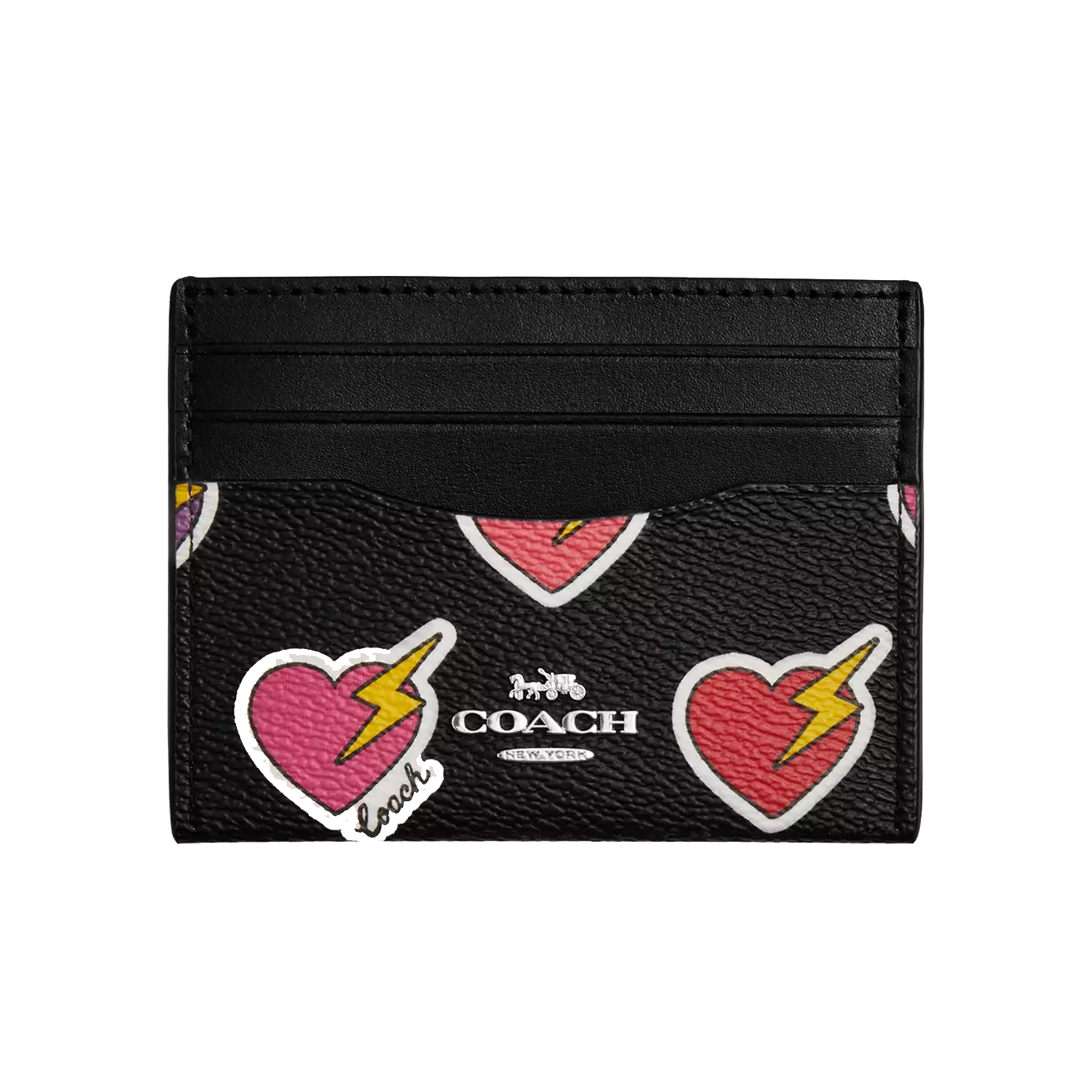 Coach Outlet Slim Id Card Case in black with pink heart and yellow lightning bolt design, featuring multiple card slots and \“Coach\“ logo.