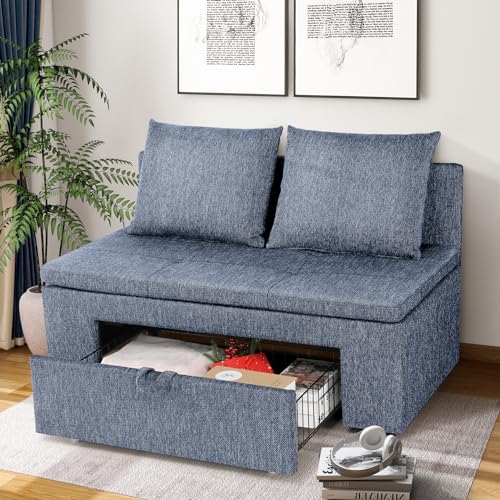 This is a compact loveseat upholstered in blue denim-like fabric, featuring a pull-out storage drawer underneath the seat and two backrest cushions.
