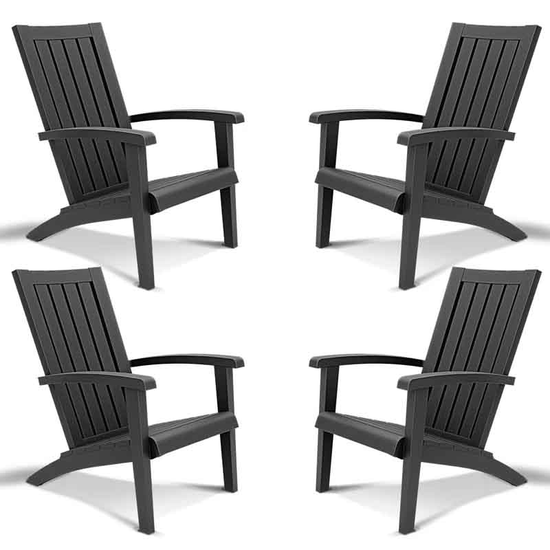 Set of four black weatherproof Adirondack chairs with a sleek, slatted design, featuring wide armrests and a slightly reclined back for comfortable outdoor seating.