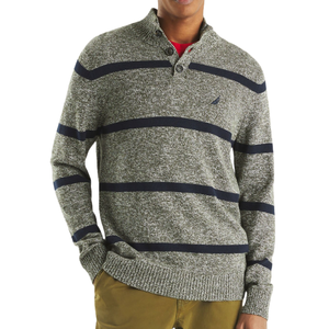 Gray and navy striped mock-neck sweater with a buttoned collar and small embroidered logo on the chest, paired with tan pants.