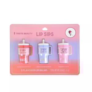 The Taste Beauty Lip Sips 3-Pack features flavored lip balms shaped like tumblers, including Mango Dragon Fruit, Hibiscus Pomegranate, and Paradise Punch. Total weight is 0.54 oz (15 g).