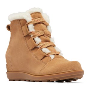 Brown lace-up winter boot with a wedge heel, featuring shearling lining and a rugged sole for traction.