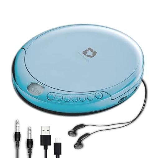 Blue portable CD player with earphones, an auxiliary cable, and a USB charging cable.