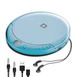 Blue portable CD player with earphones, an auxiliary cable, and a USB charging cable.
