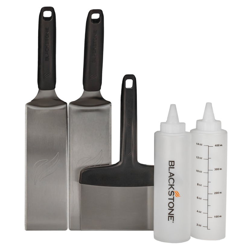 5pc Blackstone Grilling Set includes two stainless steel spatulas, one stainless steel scraper/chopper, and two 14 oz squeeze bottles.