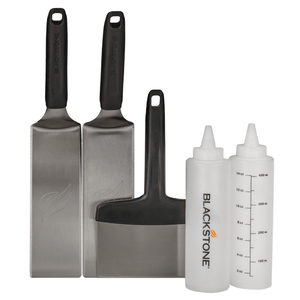 5pc Blackstone Grilling Set includes two stainless steel spatulas, one stainless steel scraper/chopper, and two 14 oz squeeze bottles.