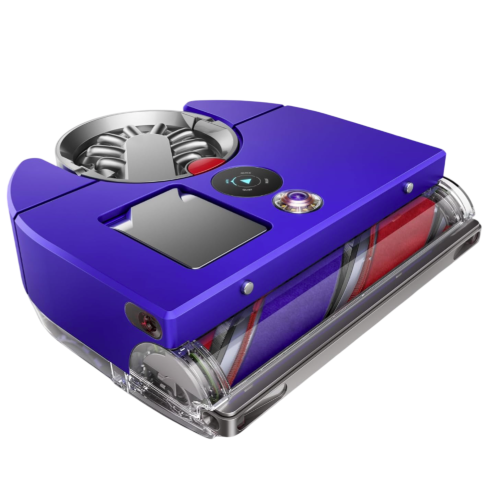 A purple robot vacuum cleaner with a cylindrical roller brush, featuring a companion mobile app displaying cleaning status.