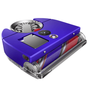 A purple robot vacuum cleaner with a cylindrical roller brush, featuring a companion mobile app displaying cleaning status.