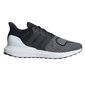 A black and white Adidas running shoe with a knit upper, black stripes, and a white sole featuring \“DREAMSTRIKE\“ branding.