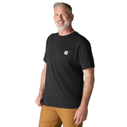 A man wearing a black short-sleeve pocket t-shirt with a logo and tan pants, shown in a casual standing pose.