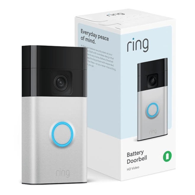 Ring Battery Doorbell with HD video features a black camera module and a silver lower section with a circular blue-lit button. The packaging highlights its wireless, battery-operated design for enhancing home security.
