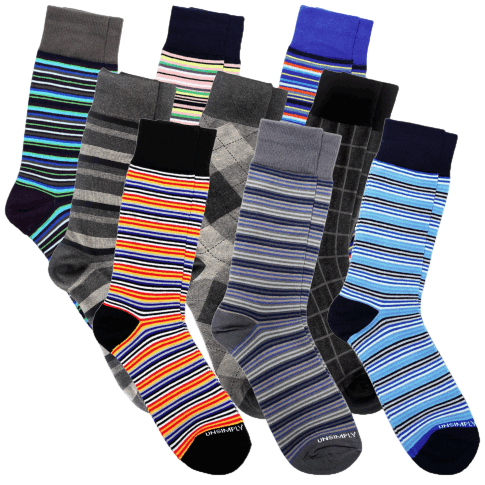 A collection of colorful, patterned crew socks with various stripes and argyle designs in different shades of blue, gray, and multicolor.