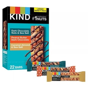 22-count Kind Protein Bars variety pack includes flavors: Dark Chocolate Nuts & Sea Salt, Peanut Butter Dark Chocolate, and Caramel Almond & Sea Salt. Each bar highlights nuts as the primary ingredient and contains 6-7g of protein.