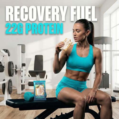 Protein supplement with 22g protein, shown in a gym setting, featuring a woman in athletic attire sitting on a bench and holding a shake.