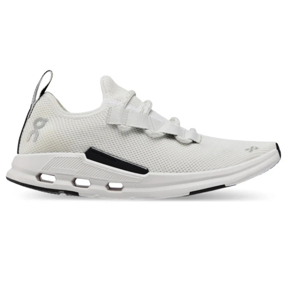 White athletic sneaker with a breathable mesh upper, distinctive black accents, and elastic lacing system. Features a unique sole design with cut-out details for enhanced flexibility.