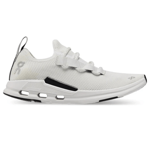 White athletic sneaker with a breathable mesh upper, distinctive black accents, and elastic lacing system. Features a unique sole design with cut-out details for enhanced flexibility.