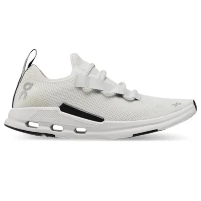 White athletic sneaker with a breathable mesh upper, distinctive black accents, and elastic lacing system. Features a unique sole design with cut-out details for enhanced flexibility.
