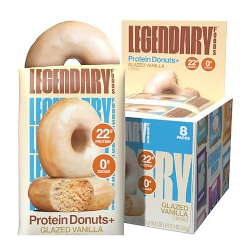 Legendary Foods Protein Donuts in Glazed Vanilla flavor, featuring 22g of protein and 0g of sugar. Package includes 8 packs.