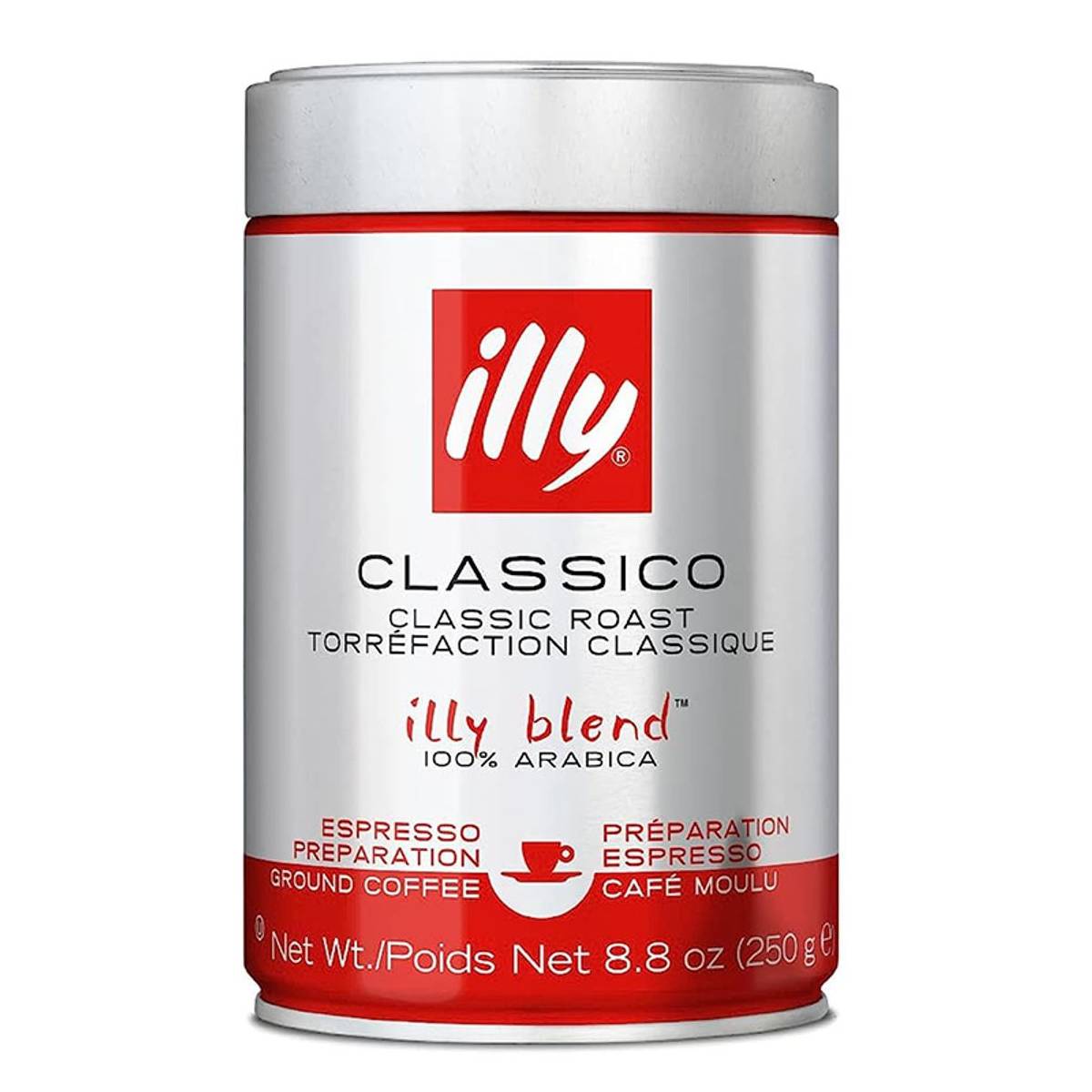 Illy Classico Ground Coffee, Classic Roast, 100% Arabica, for Espresso Preparation, 8.8 oz (250 g) tin.