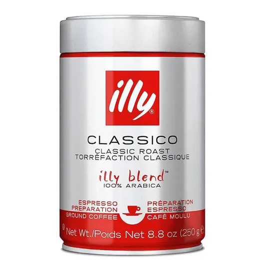 Illy Classico Ground Coffee, Classic Roast, 100% Arabica, for Espresso Preparation, 8.8 oz (250 g) tin.