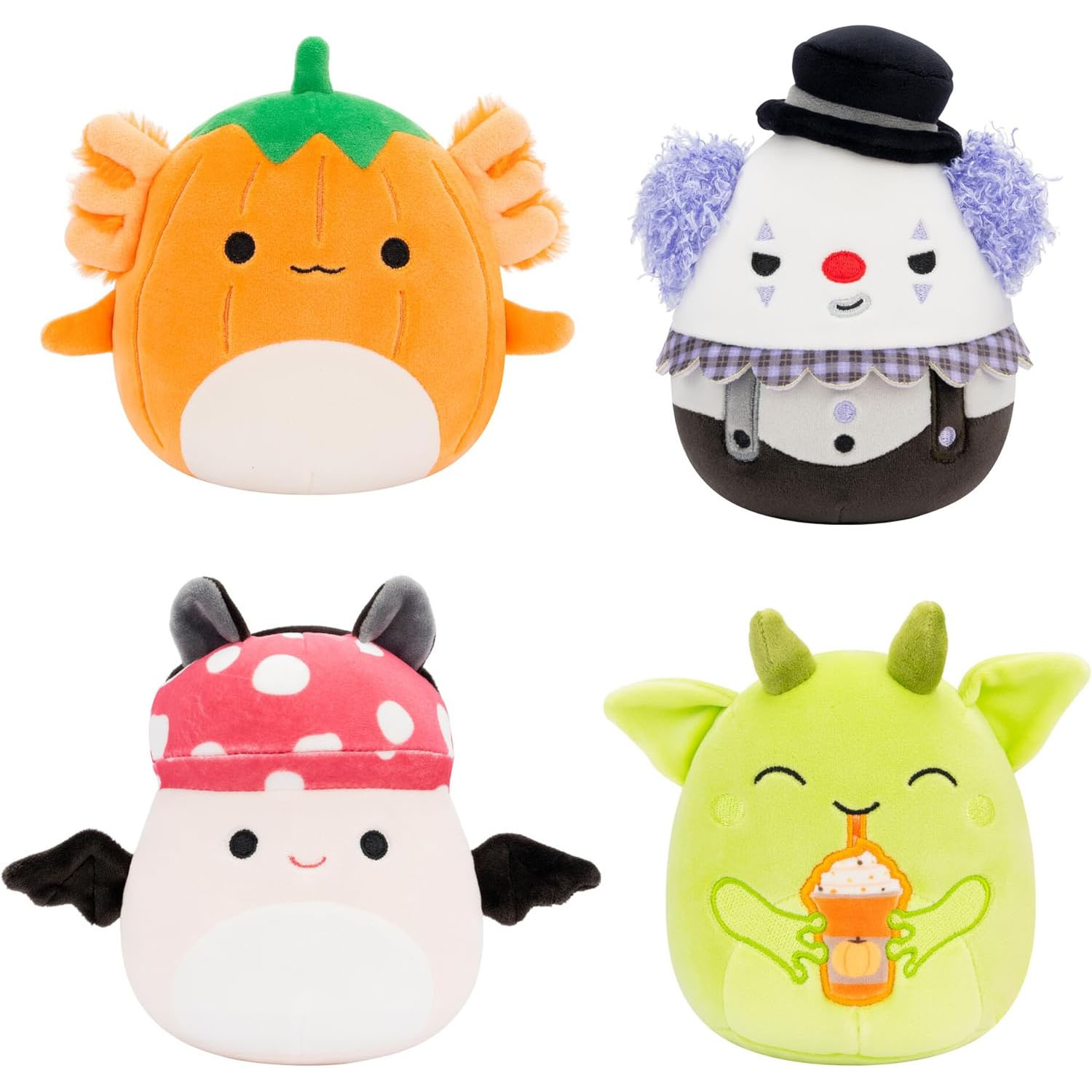 Four plush toys: an orange fish with a green leaf top, a white clown with a black hat and purple hair, a pink bat with a spotted hat, and a green creature with horns sipping a drink.