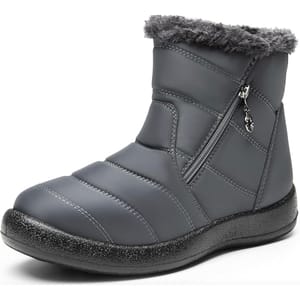 These are mid-calf women's snow boots in gray, featuring a side zipper, faux fur lining at the top, and a textured sole for grip.