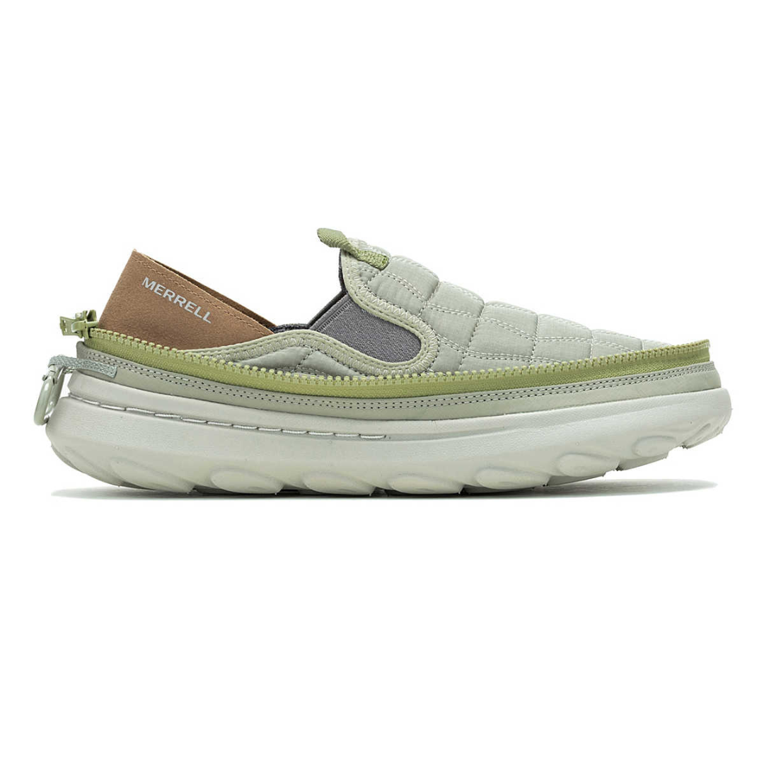 Merrell hybrid slipper-sneaker with a quilted upper, zipper detailing, and a thick white sole.