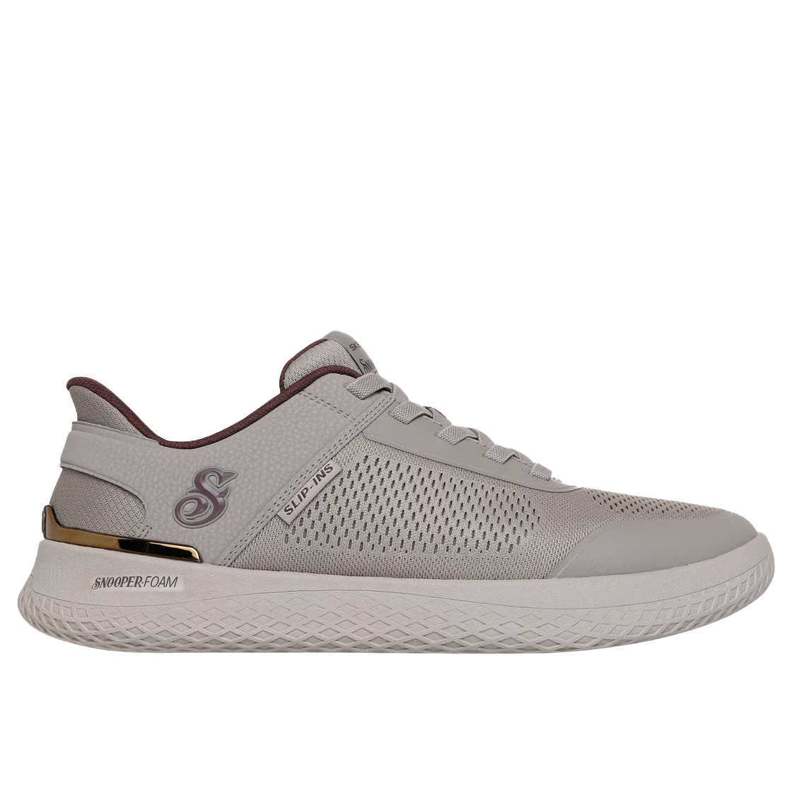 Gray sneaker with perforated design, brown accents, and \“Skechers Slip-ins\“ branding. Features include a flexible sole, \“SNOOPE FOAM\“ cushioning, and a metallic heel accent.