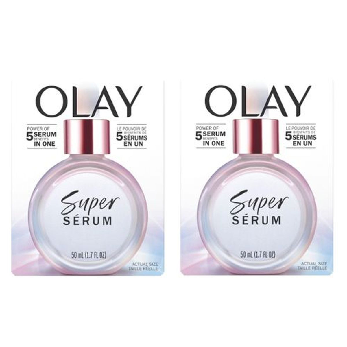 Olay Super Serum: Power of 5 serums in one, 50 mL (1.7 FL OZ) each, featuring a round bottle design.