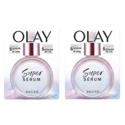 Olay Super Serum: Power of 5 serums in one, 50 mL (1.7 FL OZ) each, featuring a round bottle design.