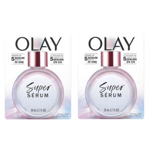 Olay Super Serum: Power of 5 serums in one, 50 mL (1.7 FL OZ) each, featuring a round bottle design.