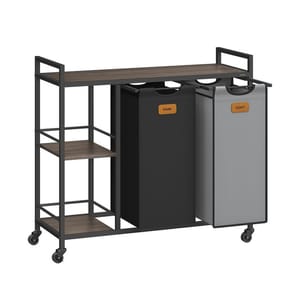 A dual laundry sorter on wheels with a metal frame and two labeled fabric bins for dark and light clothes. It features a wooden top shelf and two lower shelves on the side for additional storage.