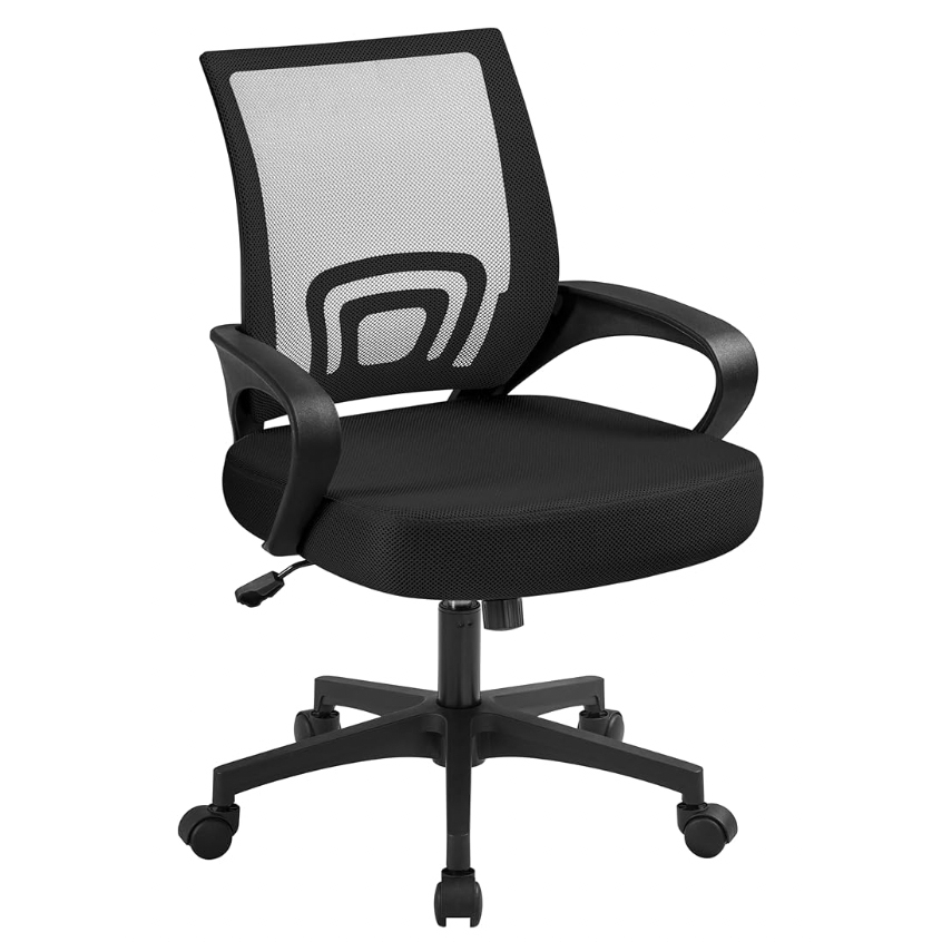 A black swivel office chair with a mesh backrest, integrated armrests, and a padded seat, featuring adjustable height and a five-star wheeled base for mobility.