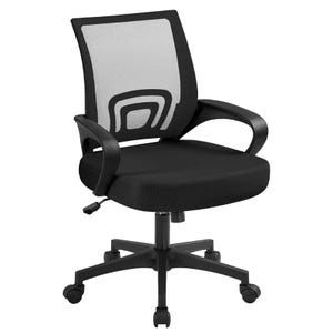 A black swivel office chair with a mesh backrest, integrated armrests, and a padded seat, featuring adjustable height and a five-star wheeled base for mobility.