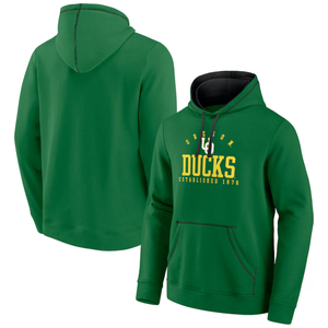 Green hoodie featuring \“Oregon Ducks Established 1876\“ text with a kangaroo pocket and hood.