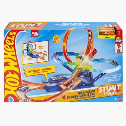 Hot Wheels Stunt Tracks: Mid-Air Crash set features motorized tracks with circular loops for high-impact collisions. Ideal for ages 5+, it includes jump features and is designed for exciting car stunts.